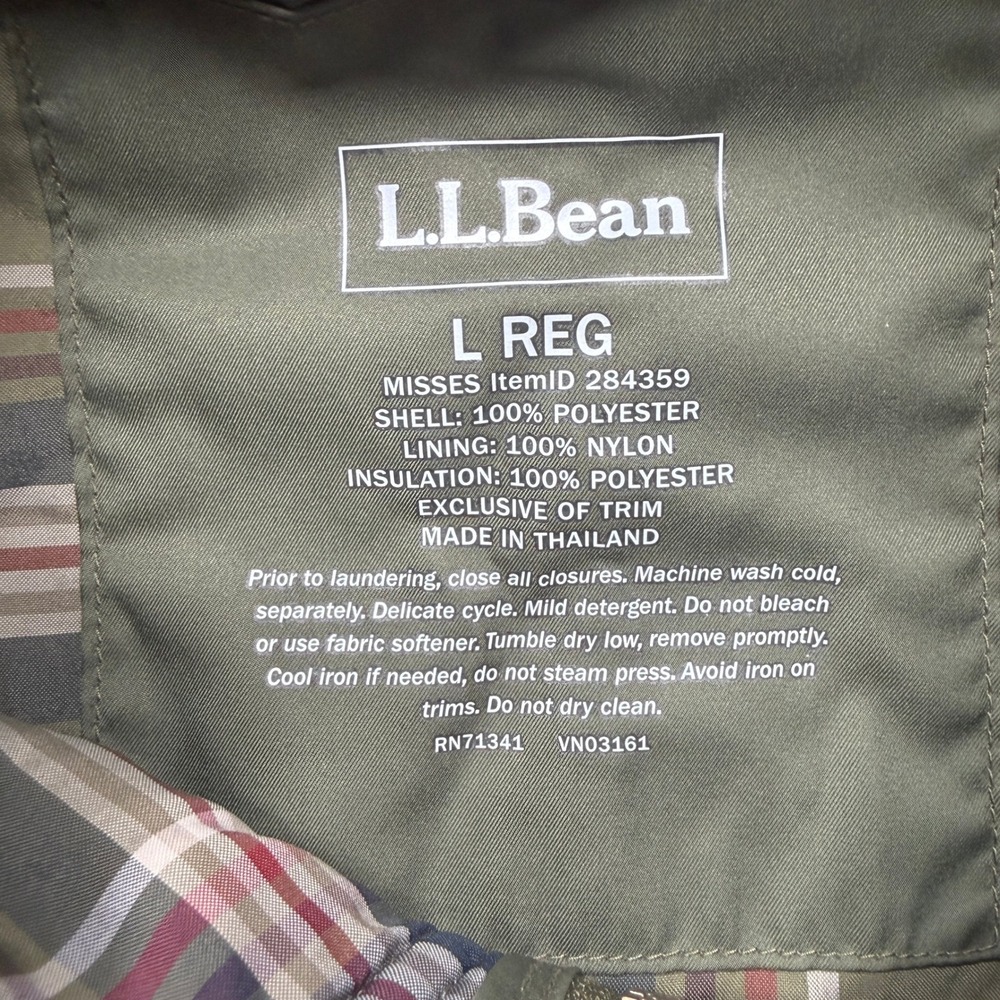LL Bean Quilted Riding Jacket Women Large Olive Green Plaid Lined Snap Barn Coat - Picture 6 of 14